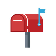 Red mailbox with blue flag on a gray post against white background.