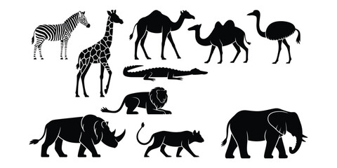 Silhouettes of nine African animals arranged in two rows, including zebra, giraffe, camel, ostrich, crocodile, lion, rhino, hyena, and elephant