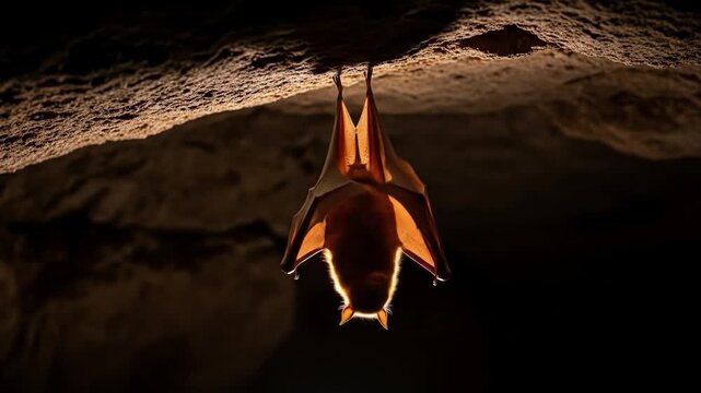Bat Suspended Upside Down in a Cave with Wing Membrane Displayed in Brown Colors and Dark Background with Atmospheric Lighting