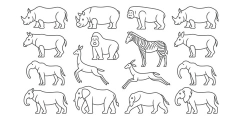 Grid of 15 line drawings featuring rhinoceroses, elephants, gorilla, zebra, giraffe, and gazelles, showcasing animal diversity and stylized detail