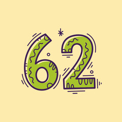 Green number sixty-two illustration on a yellow background with decorative elements.