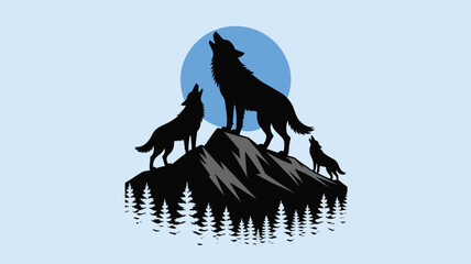 Silhouettes of three wolves howling atop rocky mountain under blue moon, surrounded by pine forest, symbolizing wilderness and natural instinct