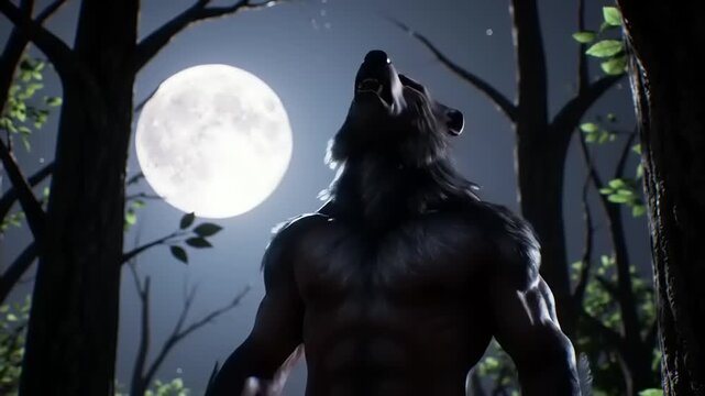 A powerful werewolf howling at a full moon in a dense forest, surrounded by illuminated trees