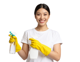young woman with cleaning tools