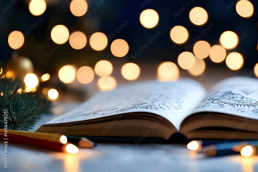 Poster open book with decorative pages against blurred warm bokeh lights and pine branch, creating magical 