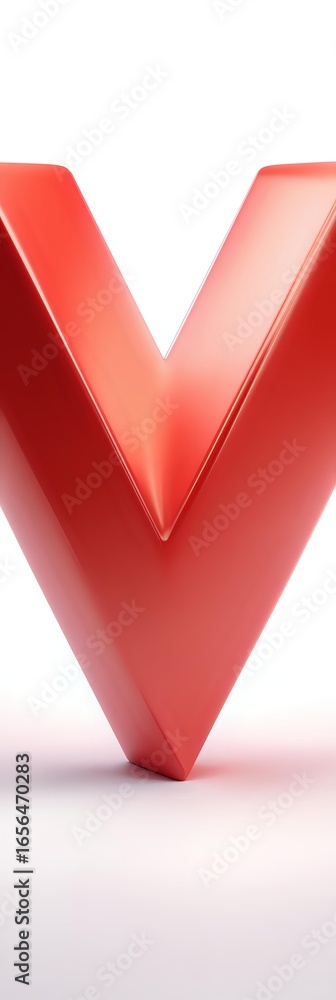 Poster red glossy letter v on white background, modern minimalist design with soft shadows and reflective s