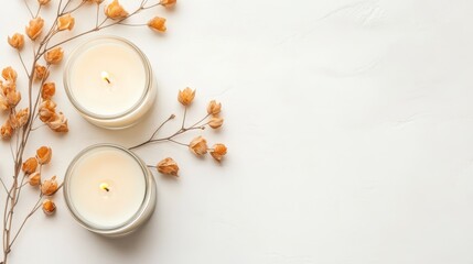 Two lit candles sit near dried floral branch on textured white surface. Flames glow softly creating warm ambiance. Minimalist calming scene with space for text.