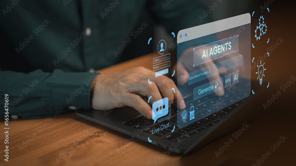 Poster hand typing on a laptop with futuristic interface showing ai agents, live chat, login and idea icons