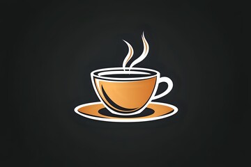 Obraz premium Steaming coffee cup icon with orange gradient fill and white outline on dark background, minimalist design style for cafe and restaurant branding.