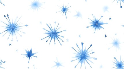 Watercolor blue starbursts and sparkles scattered on white background create seamless pattern for winter holiday designs and festive decorations.