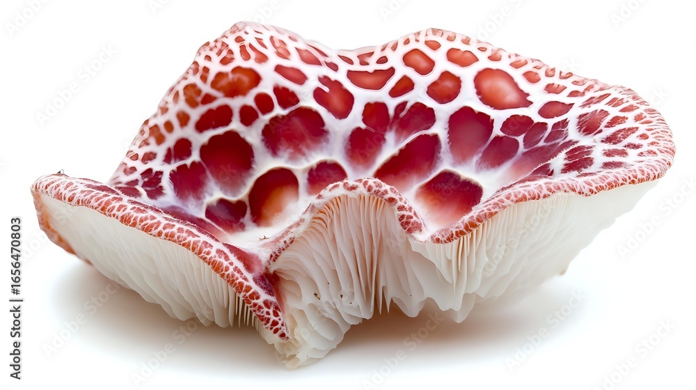Poster fresh red spotted mushroom with delicate gills and wavy cap structure shown in close-up macro photog