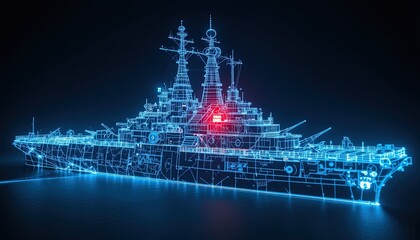 Fototapeta premium A digital rendering of a warship, depicted as a glowing wireframe against a dark background, highlighting its intricate design and structure.