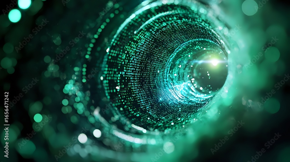 Poster digital tunnel with glowing binary code and particles in turquoise green colors creating futuristic 