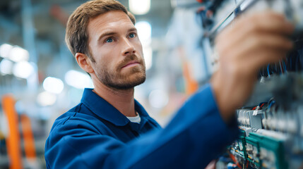 Fototapeta premium A clean-shaven technician man in a blue uniform carefully examines and repairs an industrial system