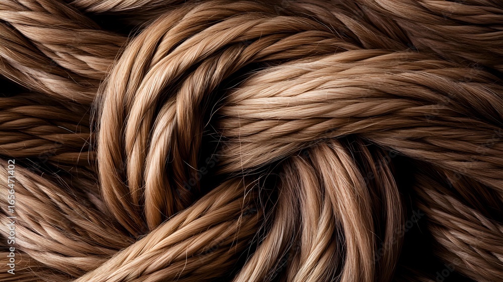 Poster twisted brown rope macro photography showing detailed texture and patterns of natural fiber strands 