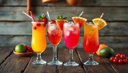 Summer cocktails in vibrant glasses on a rustic wooden table, garnished with fresh fruit, mint, still life