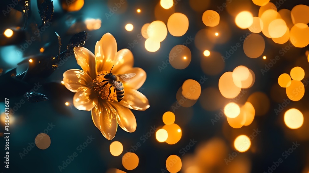 Aufkleber glowing golden flower with bee against dark background with magical bokeh lights creating dreamy atm