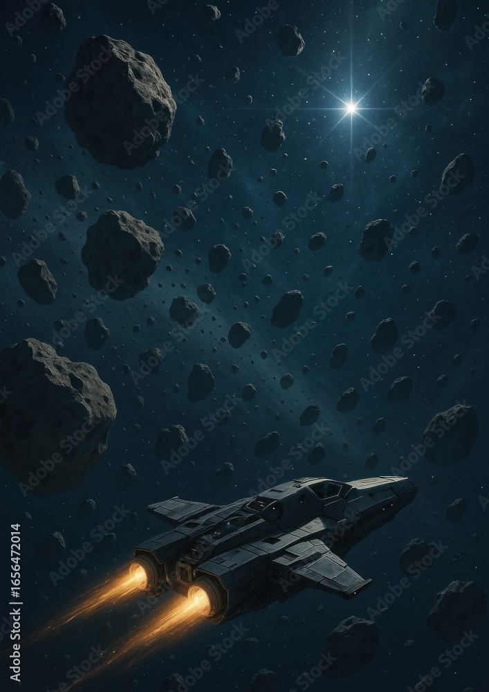Poster spaceship navigating asteroid field adventure.