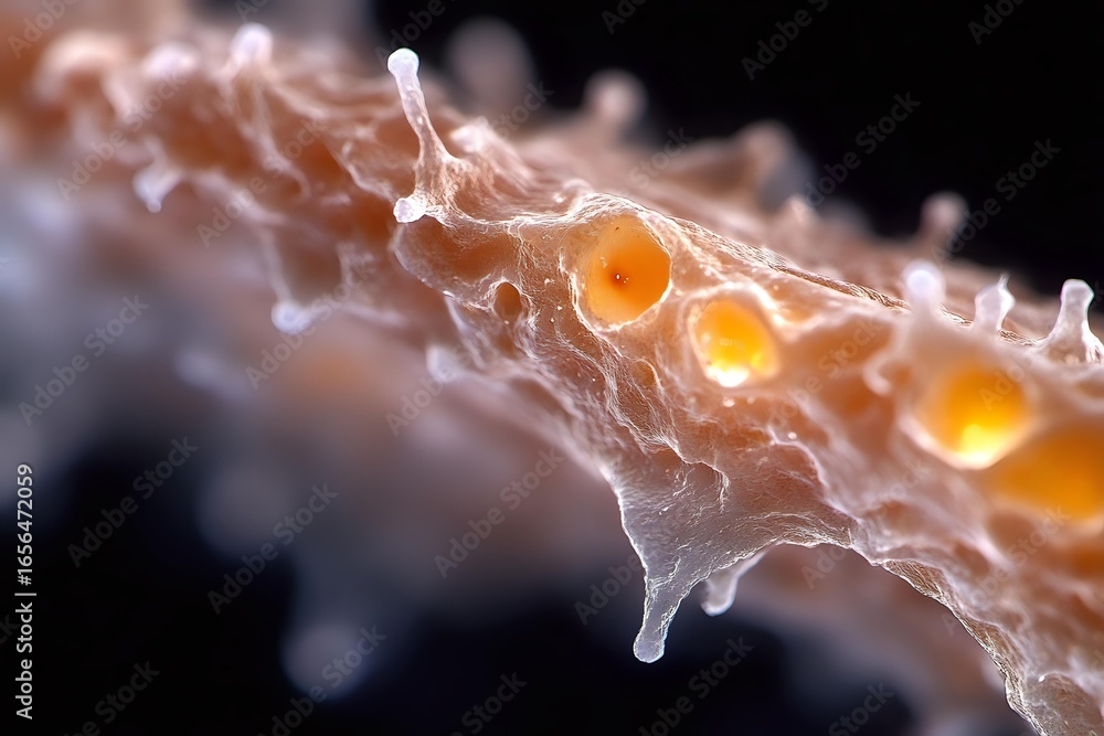 Poster microscopic view of neural network connections with glowing orange synapses on dark background, show