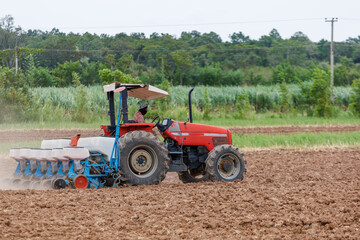 Obraz premium Farmers sow seeds using machinery to save time and labor as well as cost. Smart farming, agricultural machinery, modern farmers, tilling the soil, growing vegetables, growing crops.