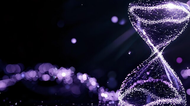 Glowing purple hourglass with sparkling particles and bokeh effects on dark background creates magical atmosphere for time concept designs.