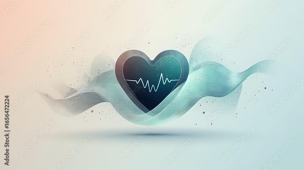 Poster heart shape with pulse line surrounded by flowing turquoise and gray smoke effect on light backgroun