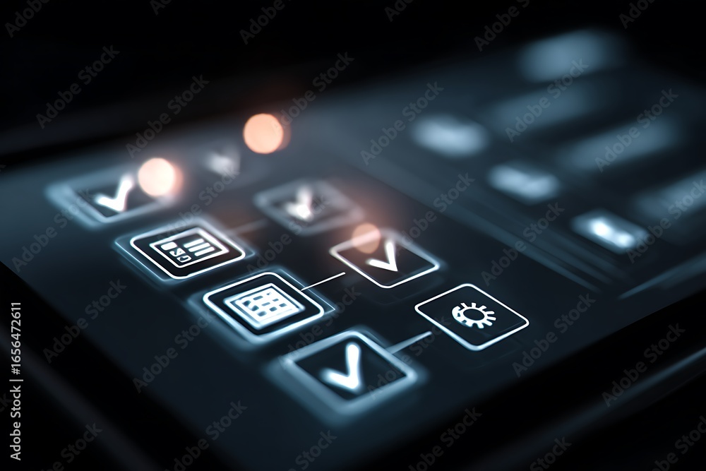 Fototapete digital interface with illuminated checklist icons and progress flow, representing success and task 