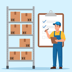 Illustration of a worker checking inventory in a warehouse, symbolizing stock control, logistics, and supply chain management.