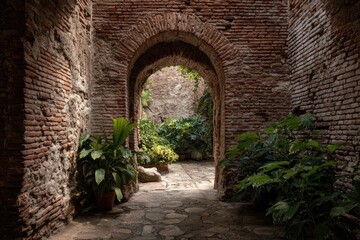 Obraz premium Ancient brick archway garden interior