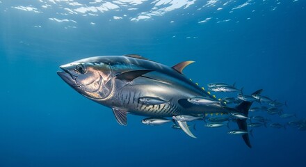 Fototapeta premium A majestic bluefin tuna glides through the sunlit open ocean accompanied by smaller fish.