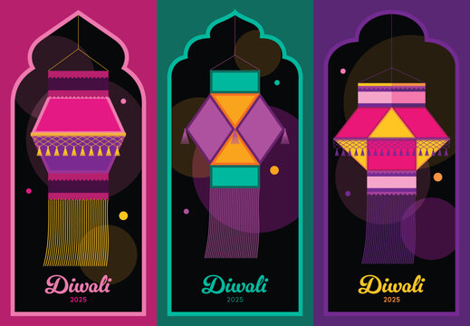 Colorful vector illustration of Diwali 2025 festival lanterns (Kandil, Akash Kandil). Traditional Indian hanging lights in vibrant poster design, perfect for celebration, decor, and festive greetings.