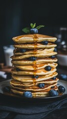 Delicious Blueberry Pancakes with Maple Syrup, Dark Moody Style