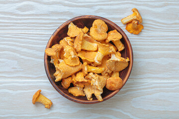 Fresh chanterelle mushrooms in a rustic wooden bowl, on a light wooden table, a warm and inviting autumnal scene perfect for culinary uses