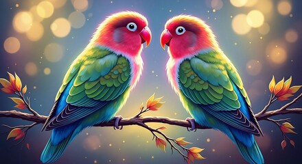 Two colorful lovebirds perched on a branch, facing each other with a bokeh background.