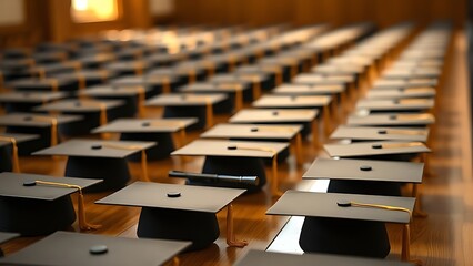 Rows of graduation caps neatly arranged on wood, glowing under warm, celebratory illumination.