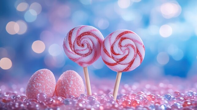 Two pink and red swirl lollipops on sticks with pink candies