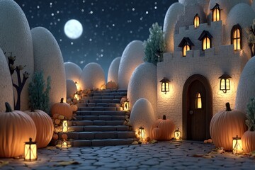 Obraz premium Halloween cartoon scene with pumpkins and castle