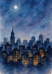 Obraz na płótnie Canvas Dreamy watercolor cityscape under moonlight.