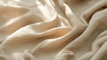 Close-up of beige linen fabric with natural folds and soft daylight creating texture and depth across the surface
