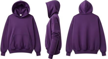 Purple Hoodie Mockup Front, Side, and Back Views for Apparel Design