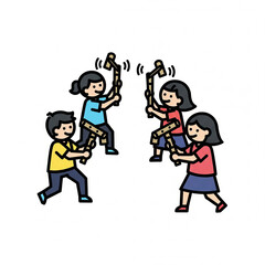 Flat icon illustration of children playing kentongan bamboo alarm