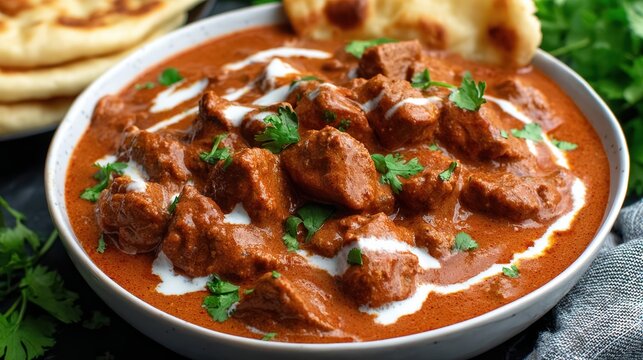 A close-up of a creamy, rich curry dish garnished with cilantro, served in a decorative bowl, Ideal for food blogs, restaurant menus, or culinary magazines focusing on traditional cuisine,