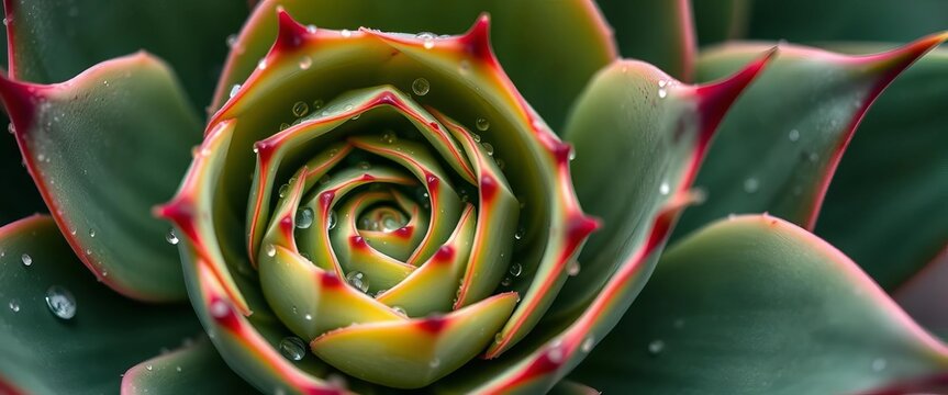 Close-up of spiral aloe vera succulent with glistening water droplets, texture, desert plant - Powered by Adobe