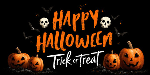 Halloween poster featuring a vibrant pumpkin, eerie skull, and fluttering bats, all set against a dark background with a cheerful trick or treat message celebrating the spooky season