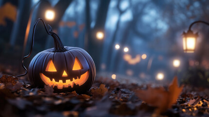 Obraz premium Carved pumpkin glimmering amid shadowy woodland, surrounded by soft string lights and vintage lanterns, evoking eerie Halloween ambiance