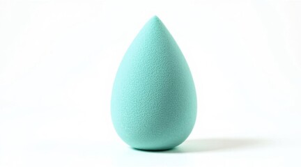Light blue teardrop-shaped cosmetic sponge standing upright on white background, used for makeup blending and foundation application