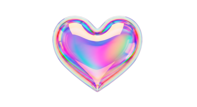 Iridescent holographic heart isolated on transparent background