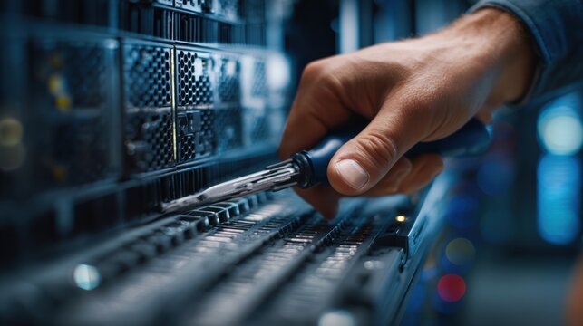 Technicians hands operating a data erasure tool on a server blade main action crisp and background dimmed emphasizing secure data sanitization.