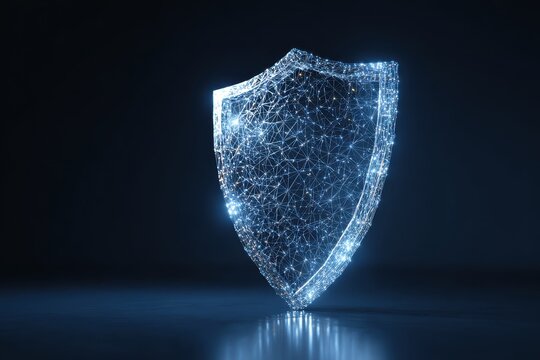 3d Futuristic glowing low polygonal guard shield symbol isolated on dark blue background. Cyber security. data protection concept. Modern wireframe design vector illustration