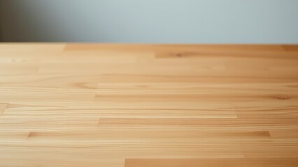 Fototapeta premium Minimalist wooden table with natural grain texture, softly lit with a blurred background.